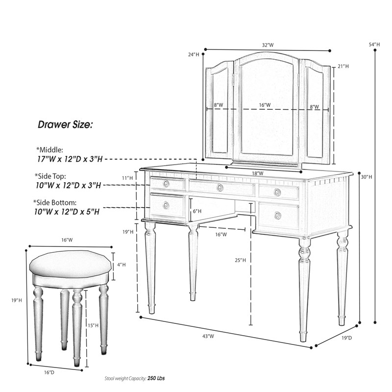 Poundex Furniture Wood Vanity Set with Mirror and Stool in Cherry Color
