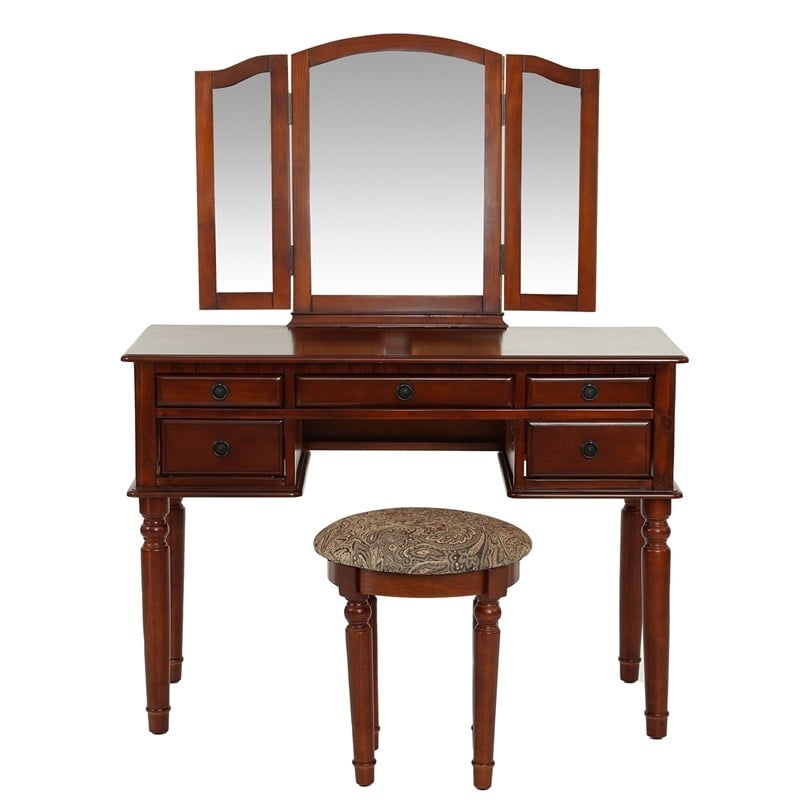 Poundex Furniture Wood Vanity Set with Mirror and Stool in Cherry Color