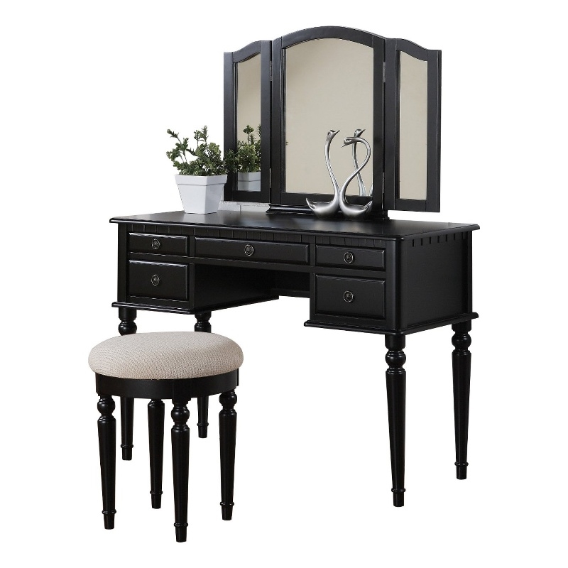 Poundex Furniture Wood Vanity Set with Mirror and Stool in Black Color