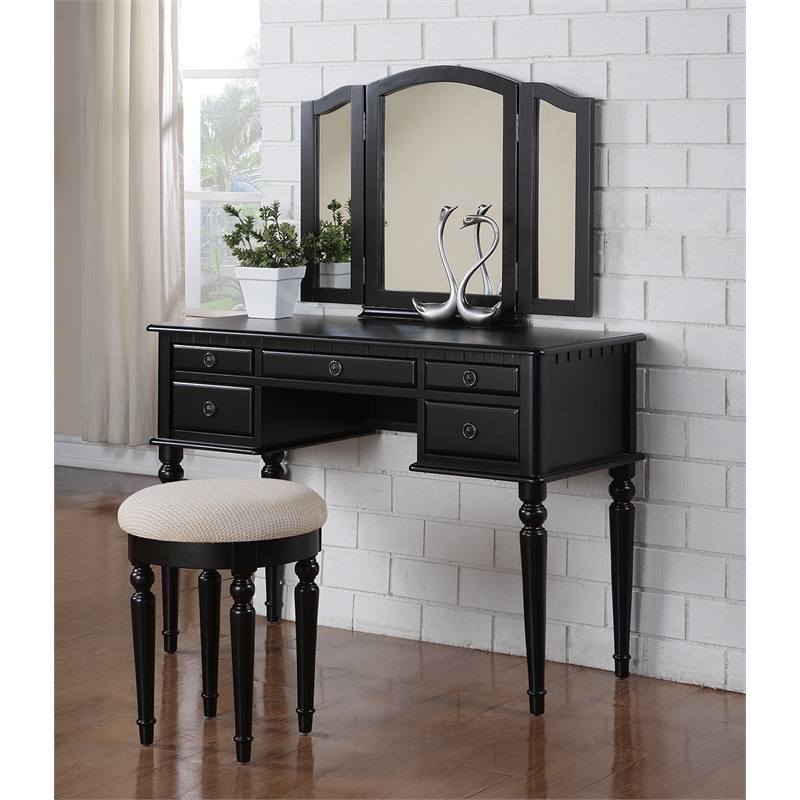 Poundex Furniture Wood Vanity Set with Mirror and Stool in Black Color
