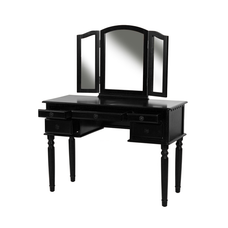 Poundex Furniture Wood Vanity Set with Mirror and Stool in Black Color