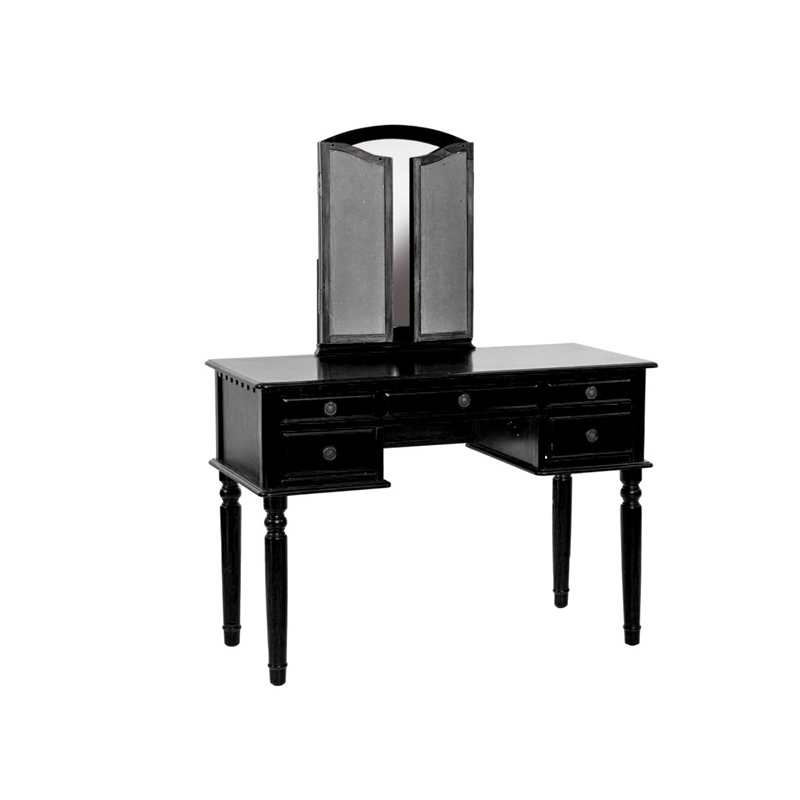 Poundex Furniture Wood Vanity Set with Mirror and Stool in Black Color