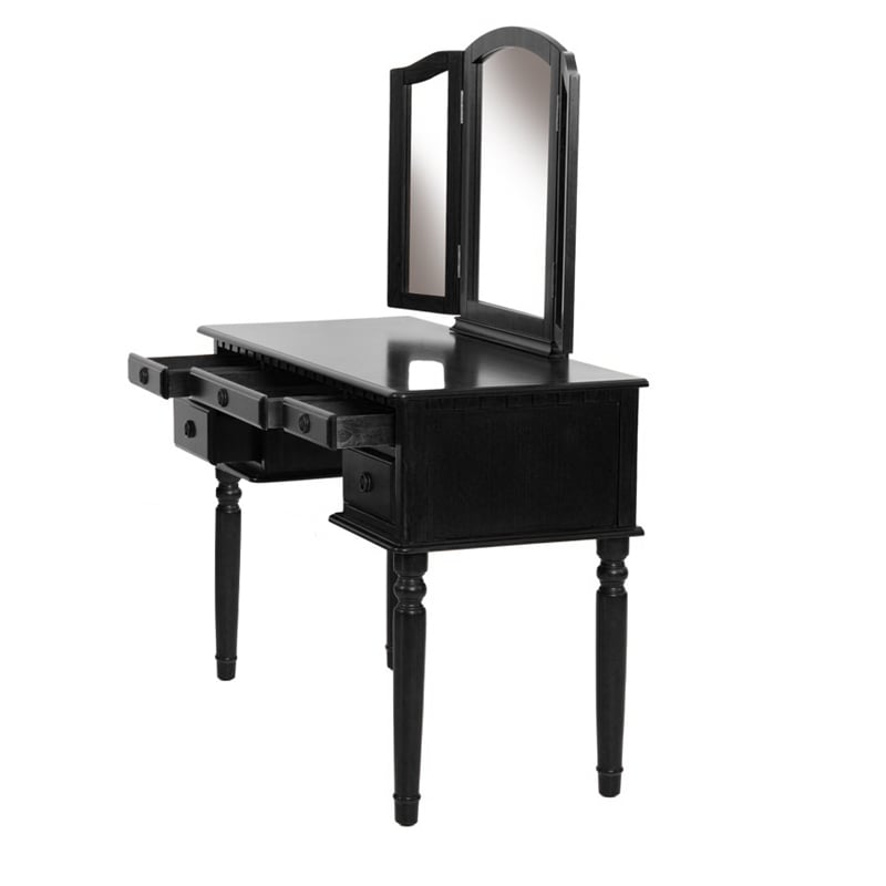 Poundex Furniture Wood Vanity Set with Mirror and Stool in Black Color