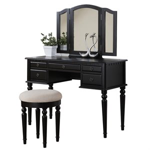 Poundex Furniture Wood Vanity Set with Mirror and Stool in Black Color