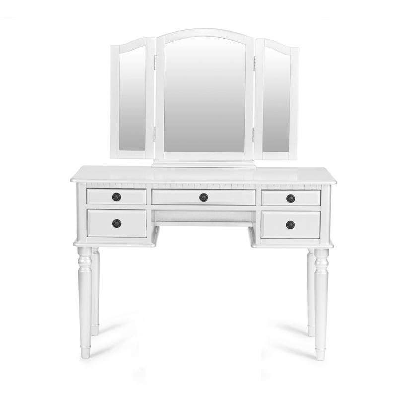 Poundex Furniture Wood Vanity Set with Mirror and Stool in White Color
