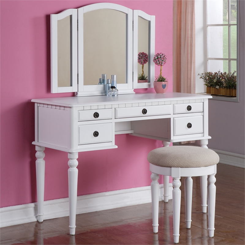 Poundex Furniture Wood Vanity Set with Mirror and Stool in White Color