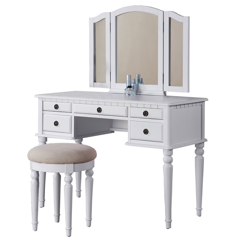 Poundex Furniture Wood Vanity Set with Mirror and Stool in White Color