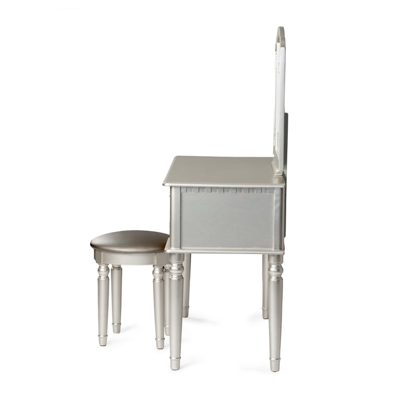 Poundex Furniture Wood Vanity Set with Mirror and Stool Silver Color