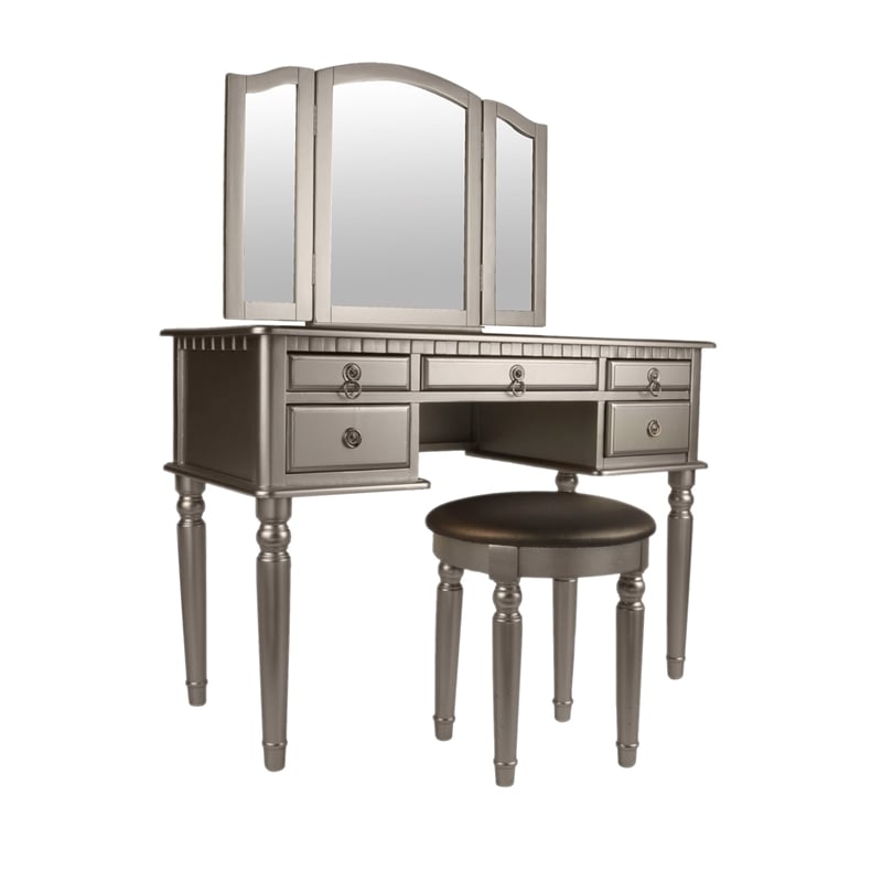 Poundex Furniture Wood Vanity Set with Mirror and Stool Silver Color