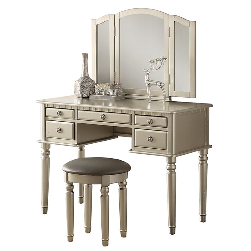 Poundex Furniture Wood Vanity Set with Mirror and Stool Silver Color