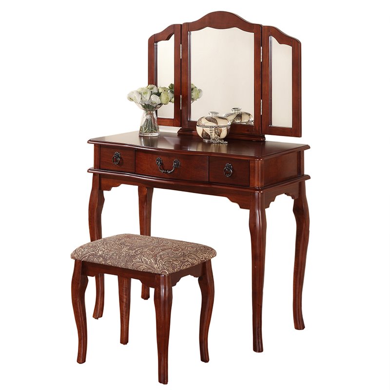 Poundex Furniture Wood Vanity Set With, Cherry Wood Vanity Set With Lights