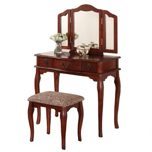 Poundex Furniture Wood Vanity Set with Mirror in Cherry Color