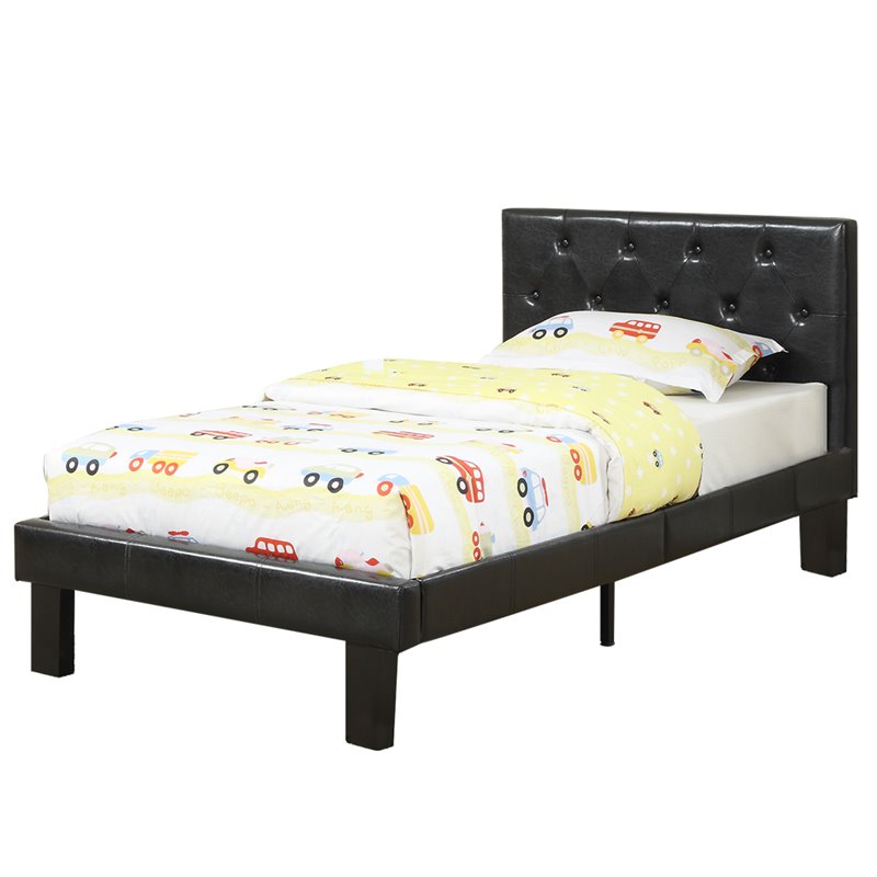 Poundex Furniture Twin Faux Leather Bed, Black Leather Twin Bed