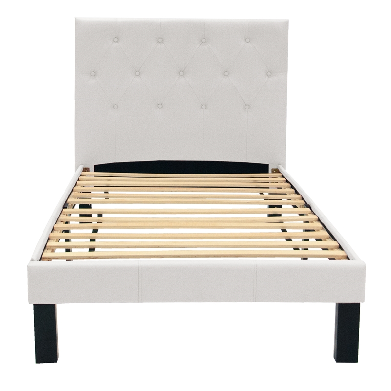 Poundex Furniture Twin Upholstered Bed Frame with Slats in White Faux Leather