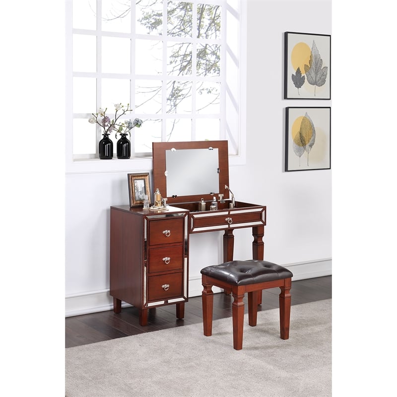 Poundex Wooden Makeup Vanity Set with Lift-up Mirror and Stool - Cherry