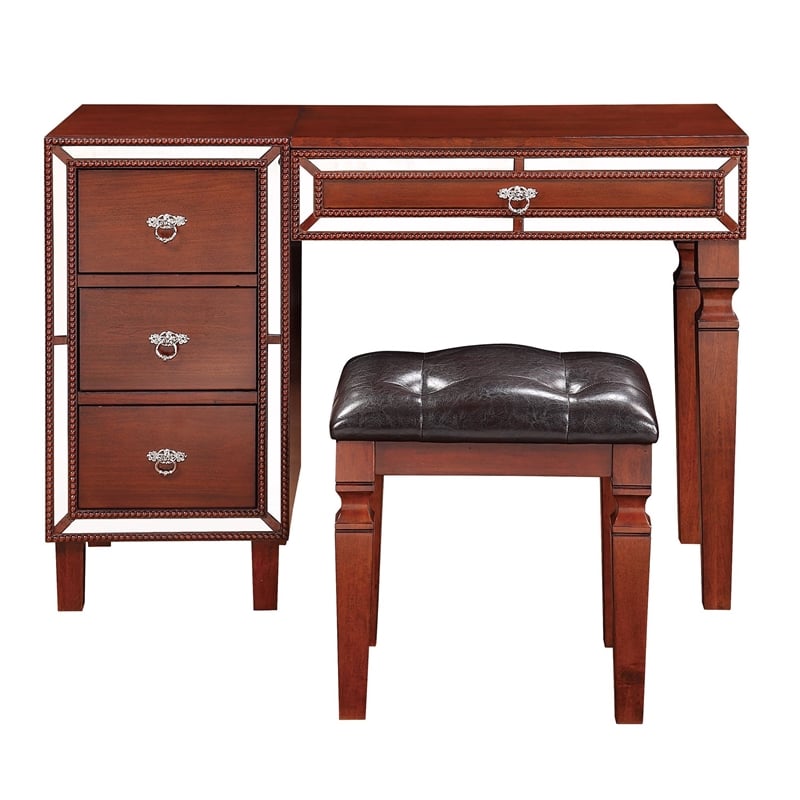 Poundex Wooden Makeup Vanity Set with Lift-up Mirror and Stool - Cherry