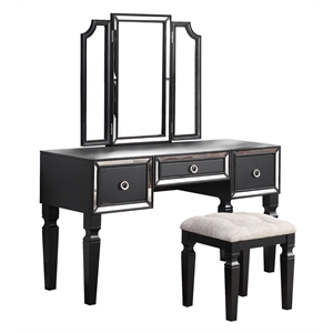 poundex wooden makeup vanity set with tri-fold mirror and stool - black