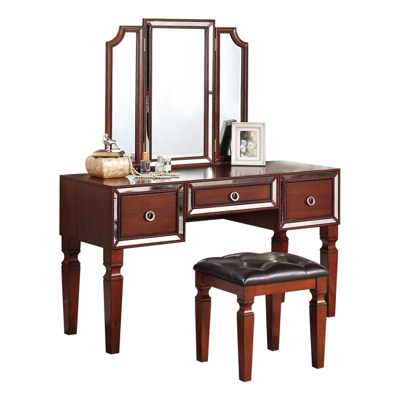Poundex Wooden Makeup Vanity Set with Tri-fold Mirror and Stool - Cherry