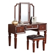 Poundex Wooden Makeup Vanity Set with Tri-fold Mirror and Stool - Cherry