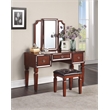 Poundex Wooden Makeup Vanity Set with Tri-fold Mirror and Stool - Cherry