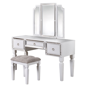 poundex wooden makeup vanity set with tri-fold mirror and stool - white