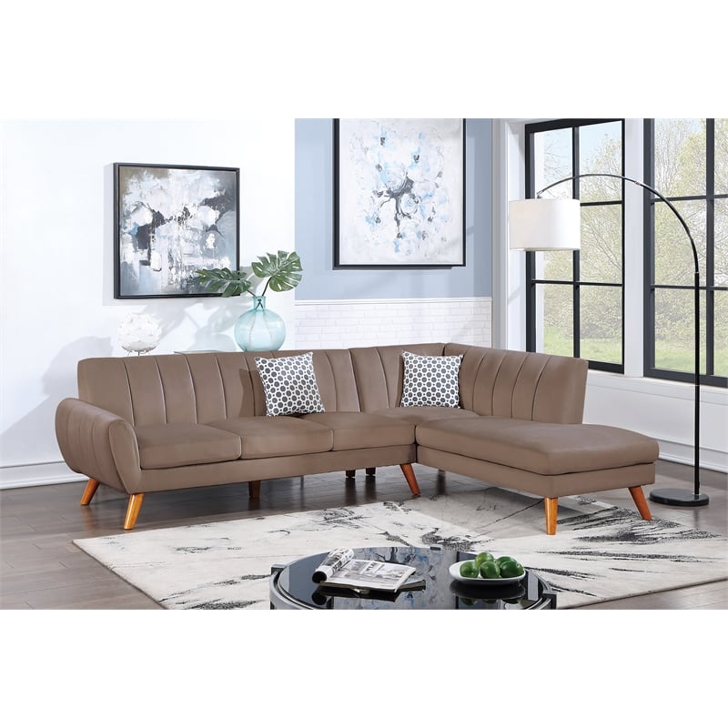 Poundex 2-Piece Velvet Sectional Sofa with Curved Armrest in Light Brown