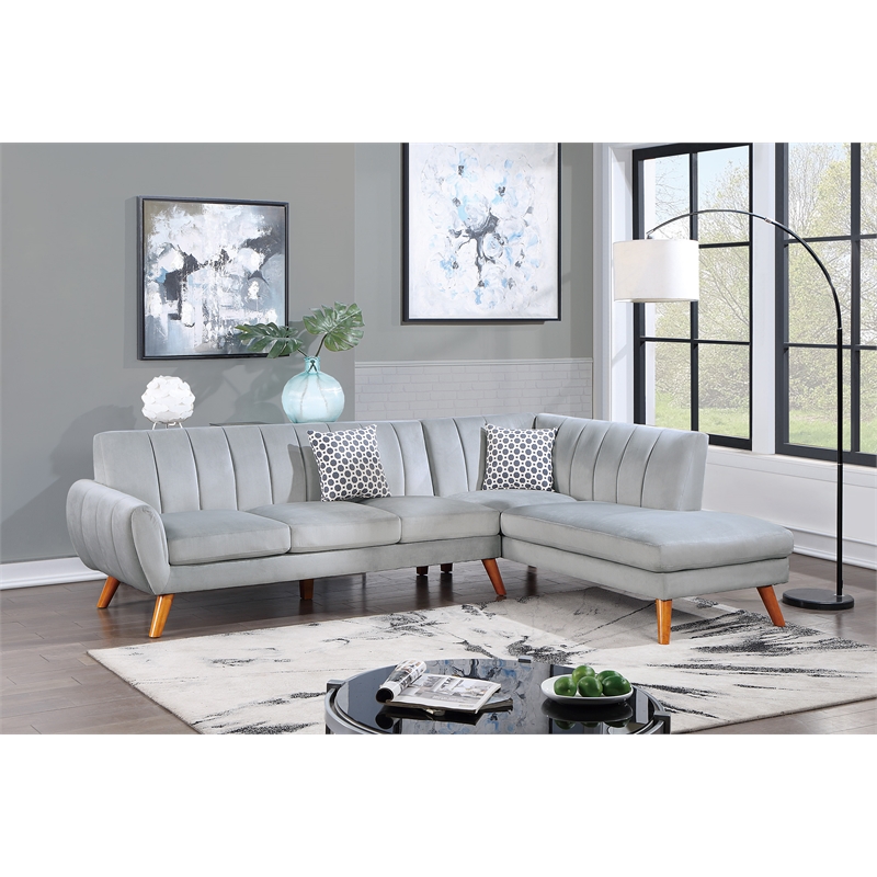 Poundex 2-Piece Velvet Sectional Sofa with Curved Armrest in Light Gray