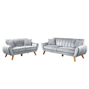 Poundex 2-Piece Upholstered Velvet Sofa with Angled Legs in Light Gray