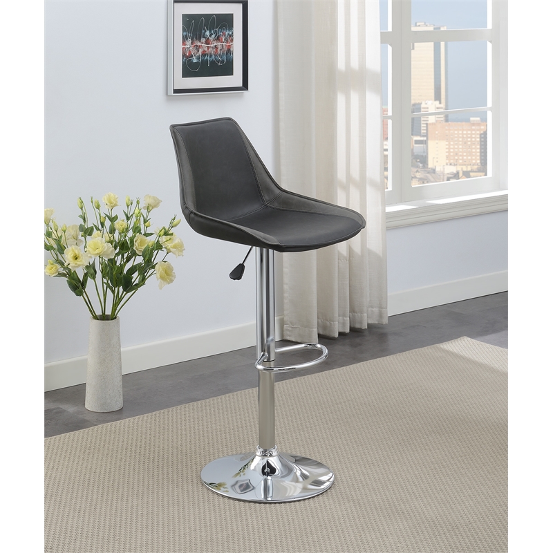 Poundex Adjustable Height & Swivel Barstool 2 Piece in Ebony Faux Leather
