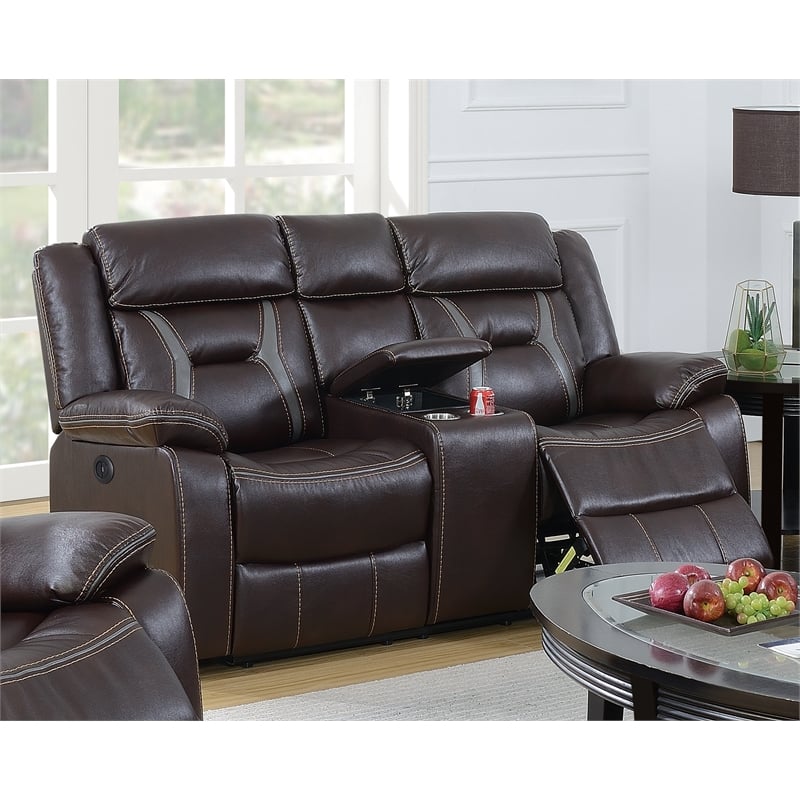 Poundex Furniture Gel Leatherette Loveseat Recliner in Dark Brown