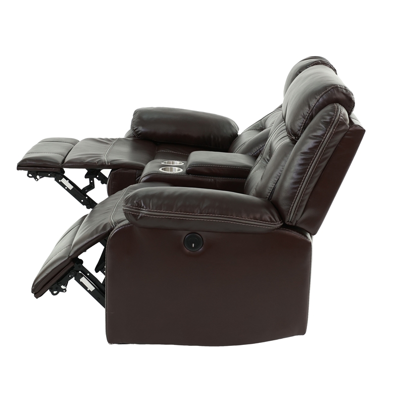 Poundex Furniture Gel Leatherette Loveseat Recliner in Dark Brown