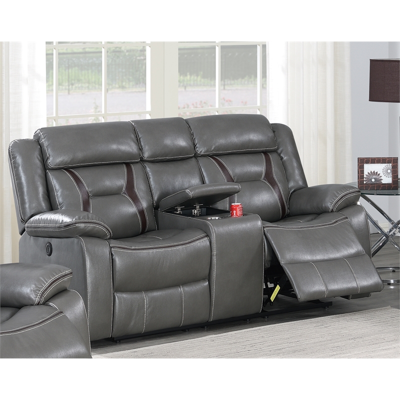 Poundex Furniture Two Seater Gel Leatherette Loveseat Recliner in Gray