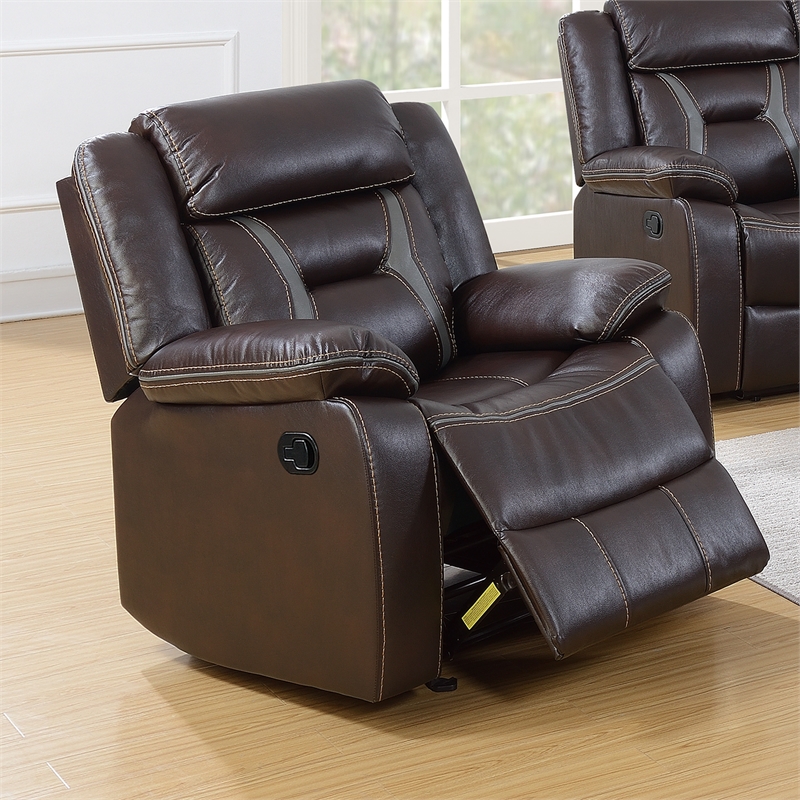 Poundex Furniture Manual Singl Seat Gel Leatherette Recliner in Dark Brown