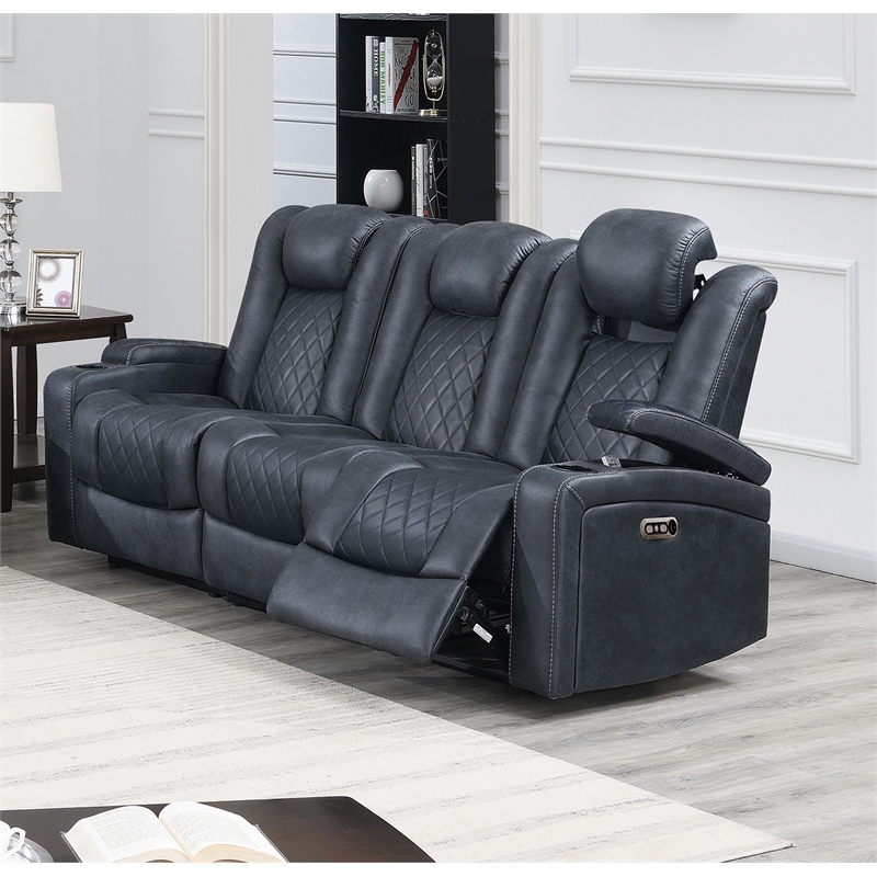 Poundex Furniture Three Seater Breathable Leatherette Sofa in Ink Blue