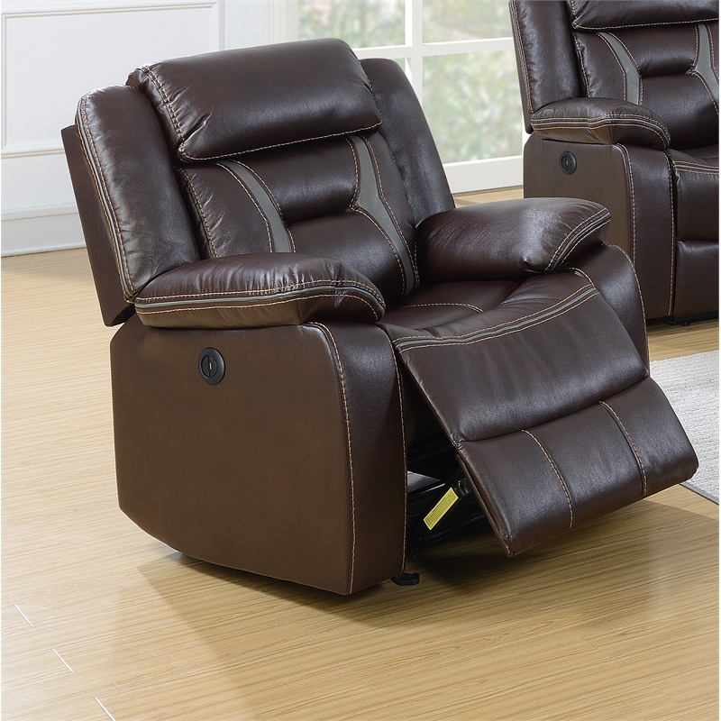 Poundex Furniture Gel Leatherette Power Recliner in Dark Brown