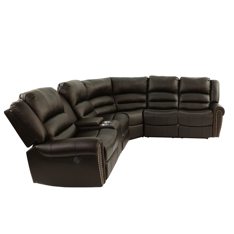 Poundex Furniture Bonded Leather Motion Sectional in Dark Brown