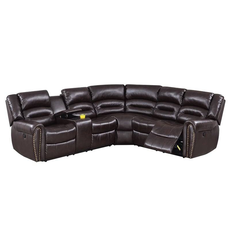 Poundex Furniture Bonded Leather Motion Sectional in Dark Brown