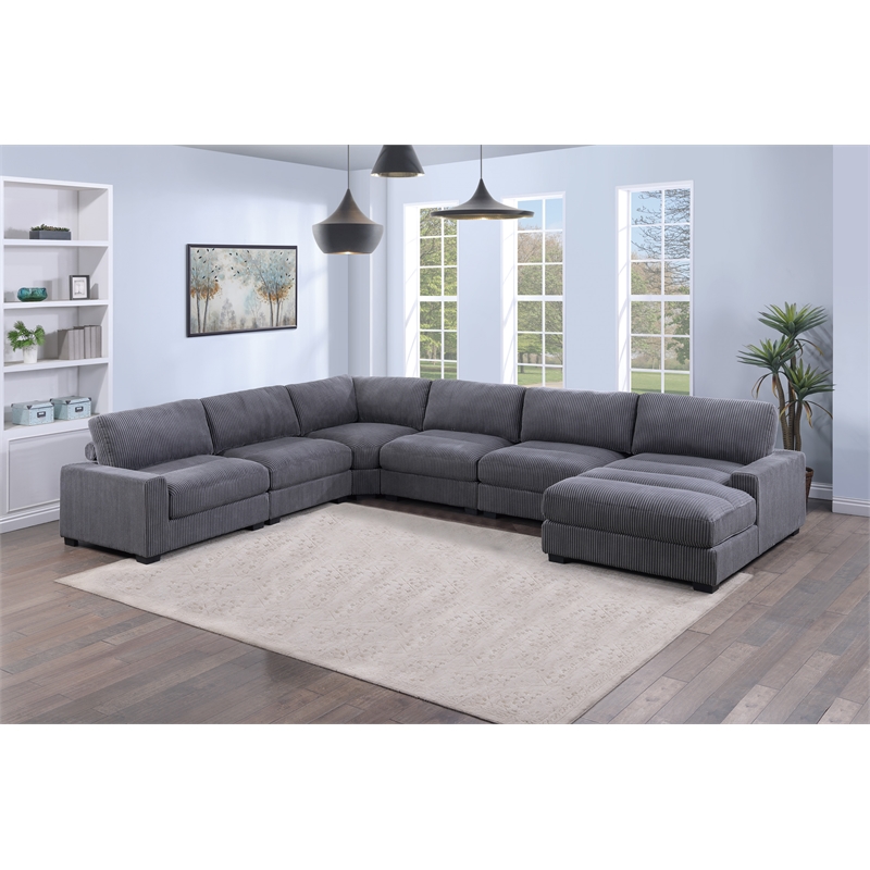 Poundex 6-Pcs XL Gray Corduroy Modular Set with Foam Seating