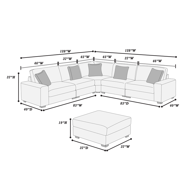 Poundex 6-Pcs XL Modular Set with Foam Cushions in Gray Corduroy