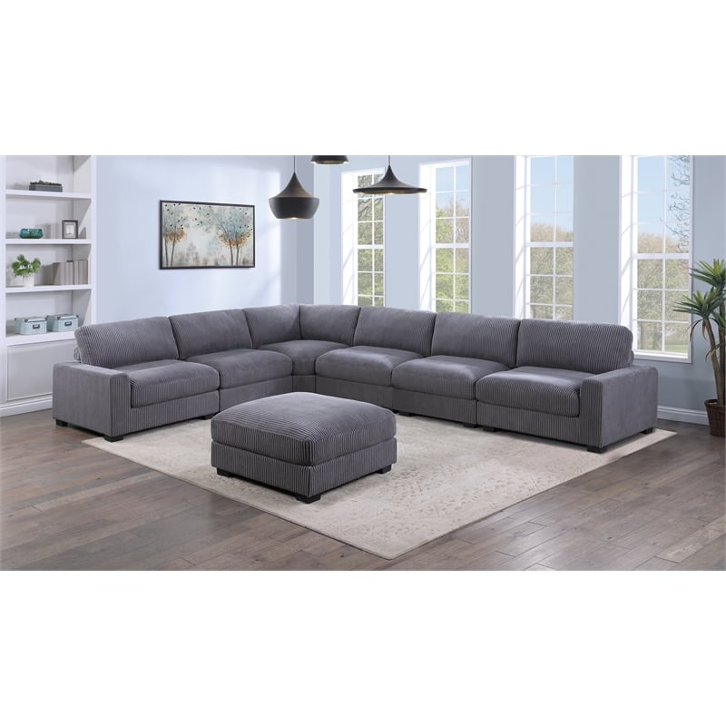Poundex 7-Pcs XL Dark Gray Corduroy Modular Sectional Set with Foam Cushions
