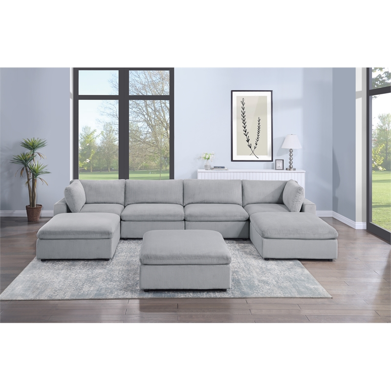Poundex 7-Pcs Light Gray Corduroy Modular Sectional Set with Foam Cushions