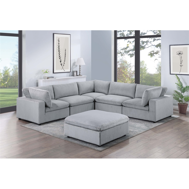 Poundex 6-Pcs Light Gray Corduroy Modular Sectional Set with Foam Cushions
