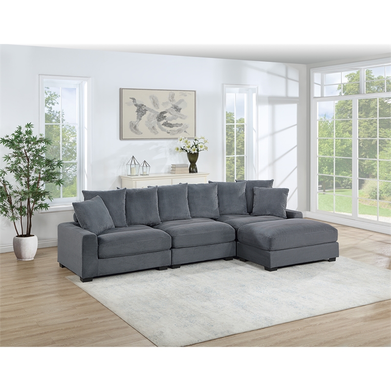Poundex 4-Pcs Dark Gray Corduroy Fabric Modular Foam Sectional Set