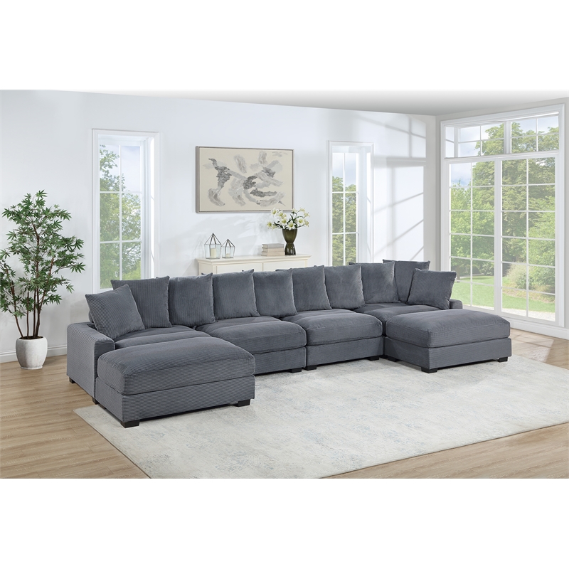 Poundex 6-Pcs Dark Gray Corduroy Fabric Modular Sectional Set with Foam Cushions