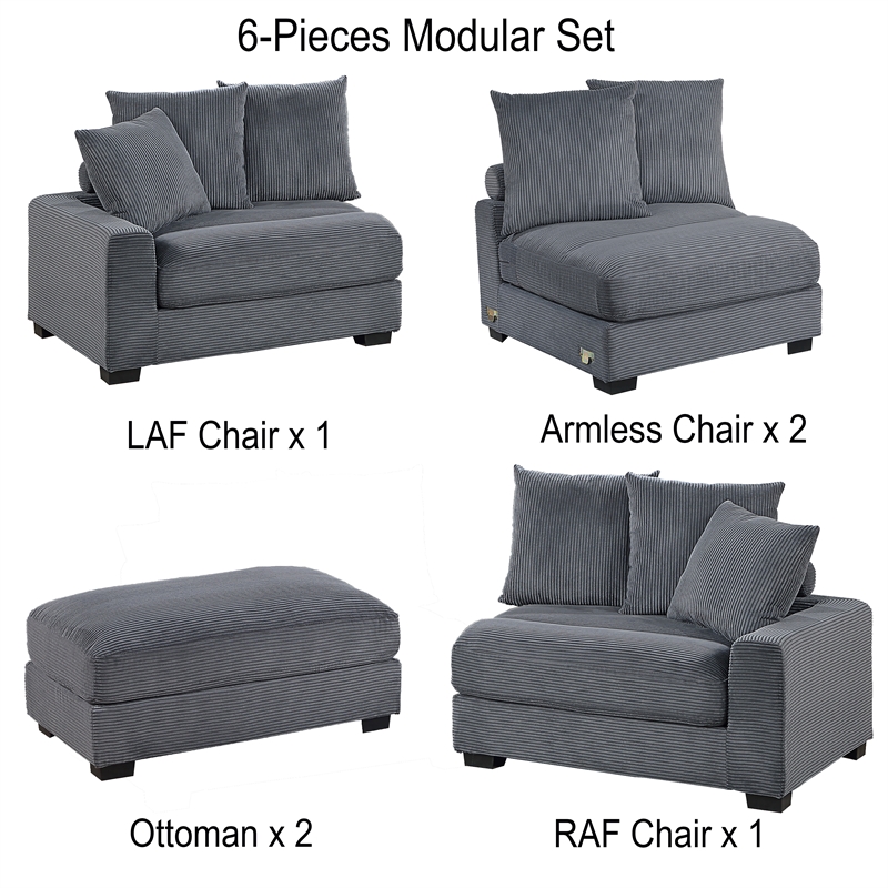 Poundex 6-Pcs Dark Gray Corduroy Fabric Modular Sectional Set with Foam Cushions