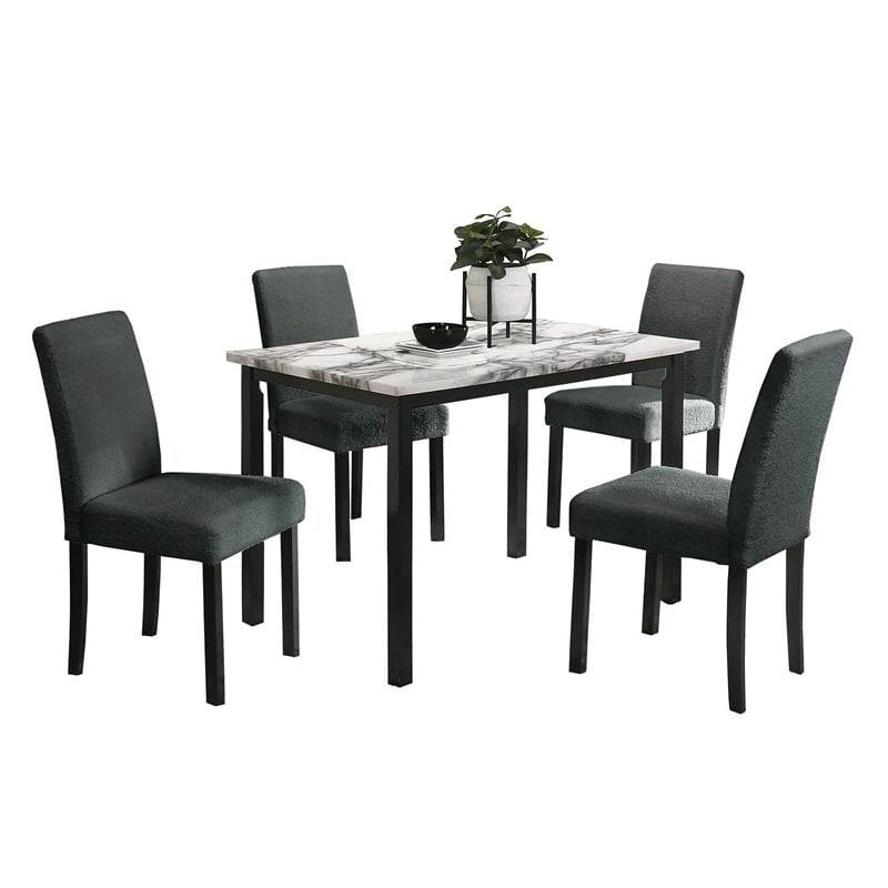 Poundex  Wool Upholstered 5-Pcs Dining Set Charcoal Faux Marble Tabletop