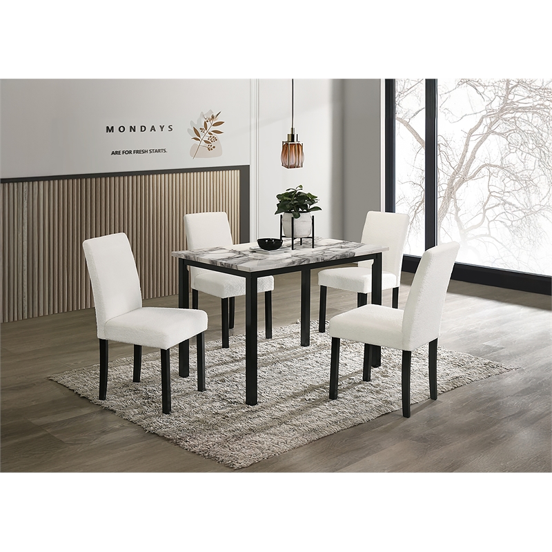 Poundex Wool Upholstered 5-Pcs Dining Set White Faux Marble Tabletop