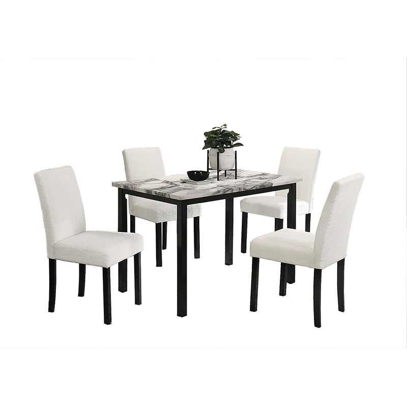 Poundex Wool Upholstered 5-Pcs Dining Set White Faux Marble Tabletop