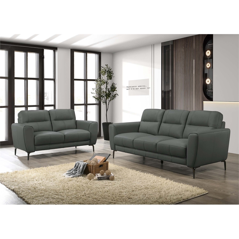 Poundex Leather 2-Piece Sofa and Loveseat Set in Anthracite Gray
