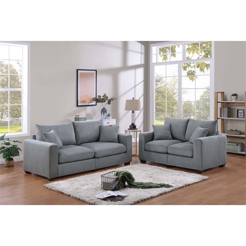 Poundex Upholstered Foam Seating Corduroy Sofa Loveseat Set in Light Gray